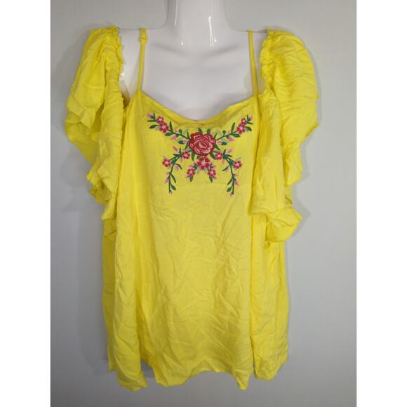 Miss Lili Yellow Embroidered Cold Shoulder Top - Size 2X - Flowy Beach Bohemian - Picture 1 of 8